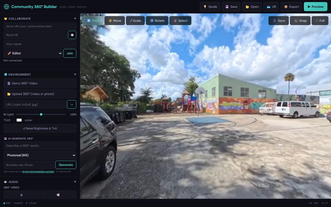 The Community 360° Builder with a Parramore street scene loaded and the editing panel open