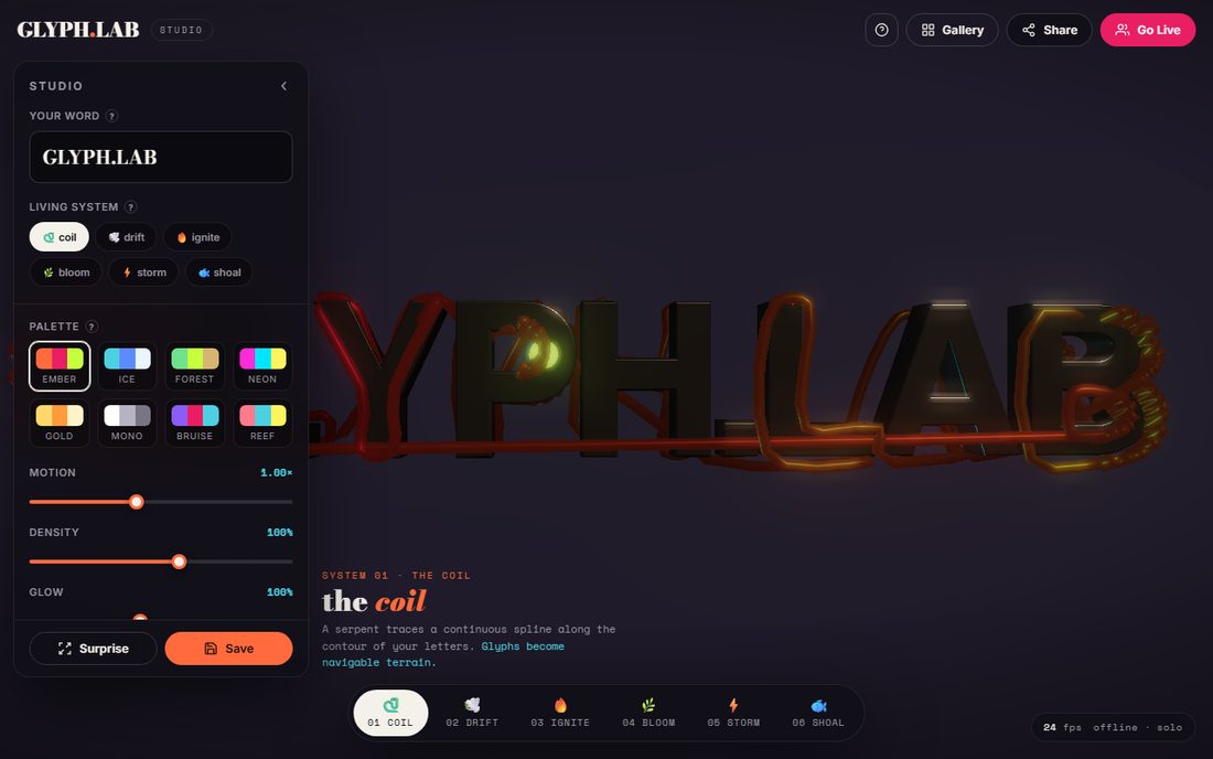 GLYPH.LAB Studio rendering living 3D typography with the studio controls open