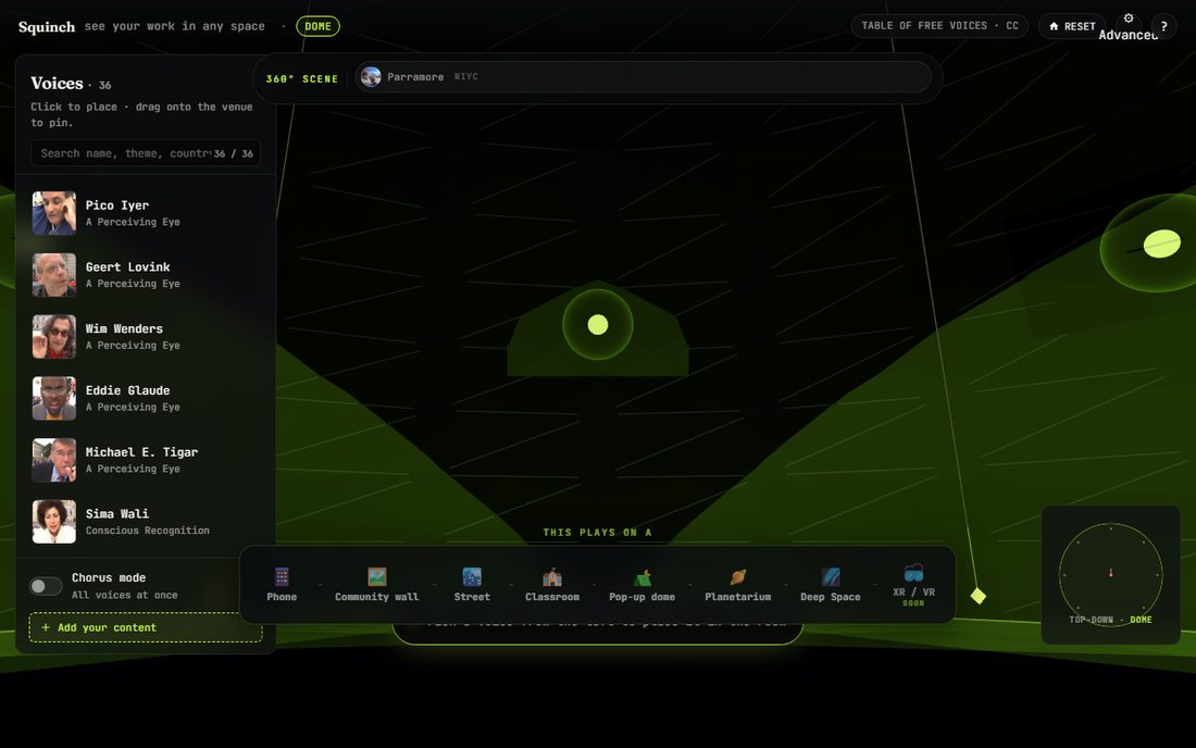 Squinch showing a voice roster and a dome venue with the surface rail across the bottom